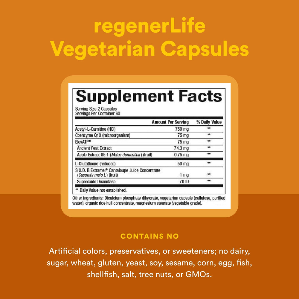 Natural Factors RegenerLife ingredients r-lipoic acid supporting mitochondria function.