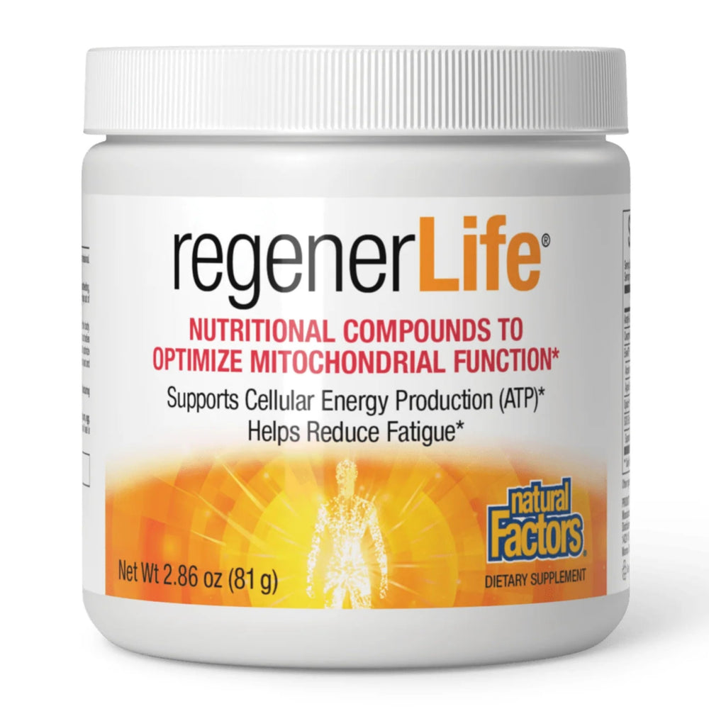 Natural Factors RegenerLife powder tropical flavor with a scoop, ready for a refreshing energy boost.