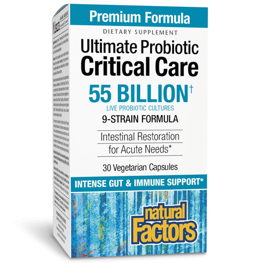 Natural Factors Ultimate Probiotic Critical Care bottle shown for daily gut support.