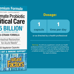 Label details of Natural Factors Ultimate Probiotic Critical Care emphasizing purity and testing.