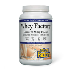 Natural Factors Whey Factors French Vanilla 2lb pack front highlights high-protein, low-carb powder.