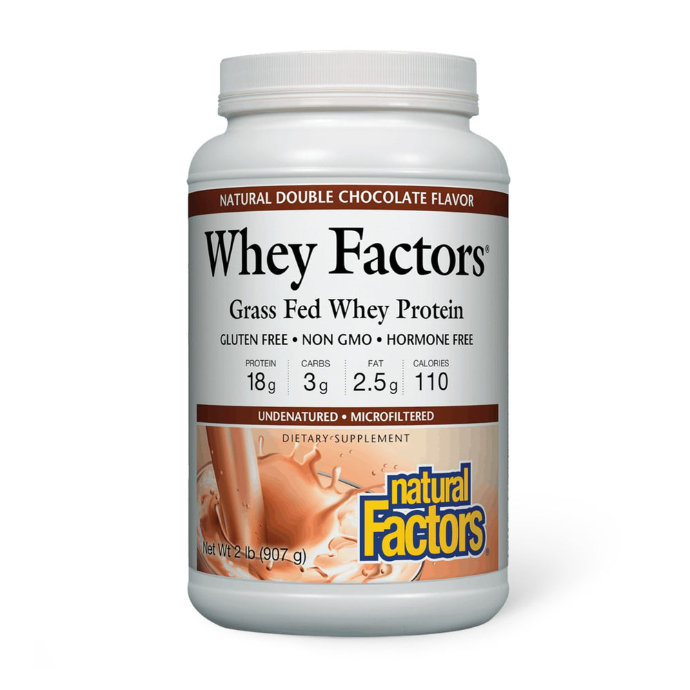 Natural Factors Whey Factors grass-fed bottle of protein powder for muscle support.