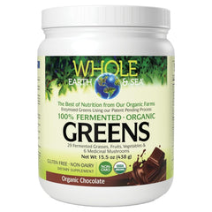 Natural Factors Whole Earth & Sea chocolate greens label highlights organic fermentation for daily nourishment