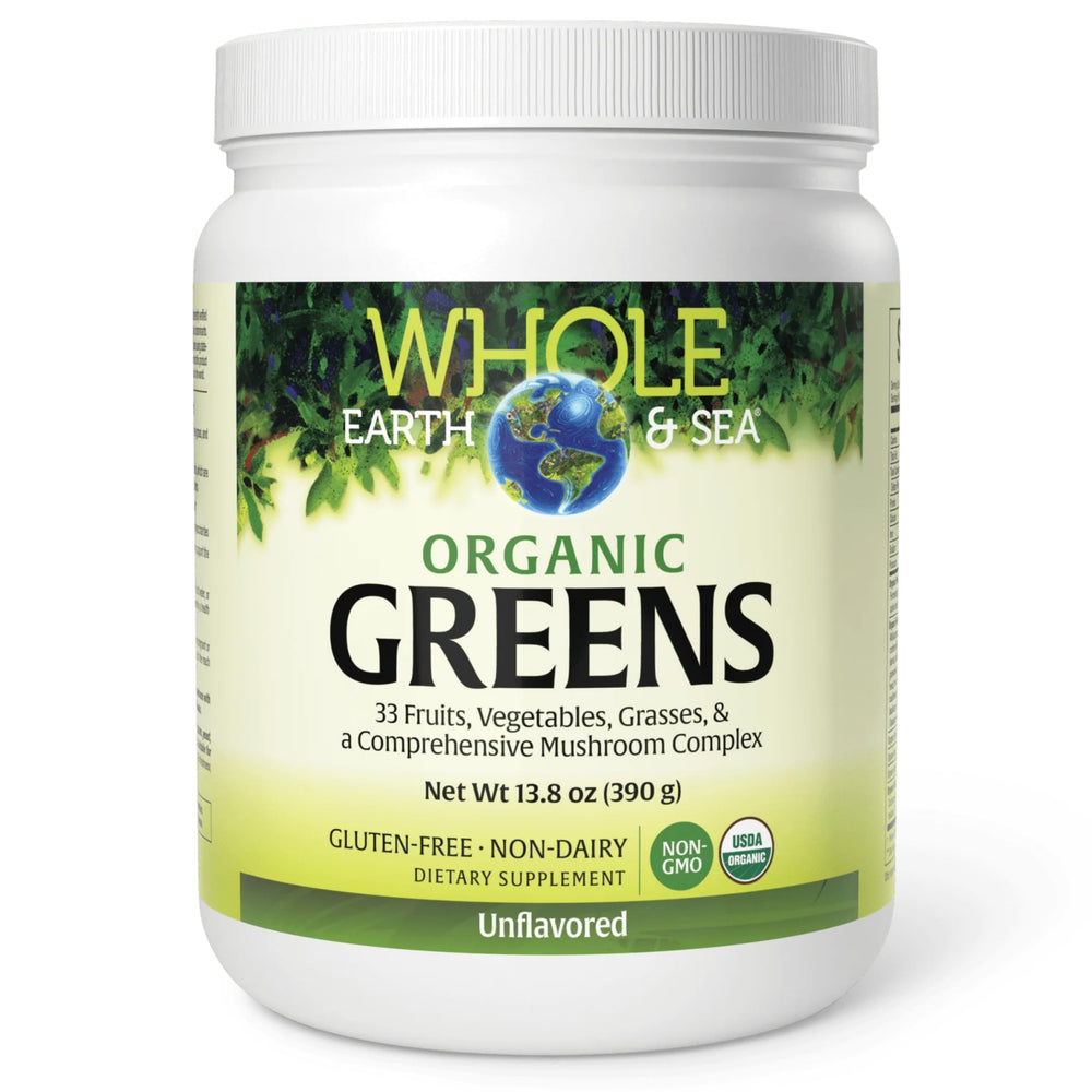 Natural Factors Whole Earth & Sea greens bottle on kitchen counter supports daily greens intake.