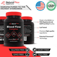 Packaging closeup of Natural Flow Blood Flow Complex showing quality cues and USA production.