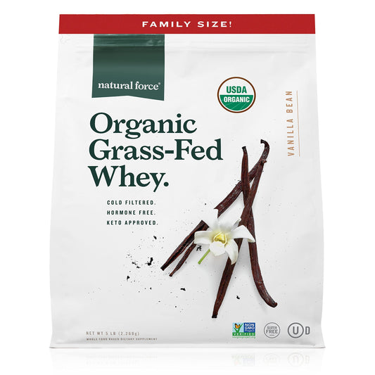 Natural Force grass-fed whey powder tub highlighting organic certification