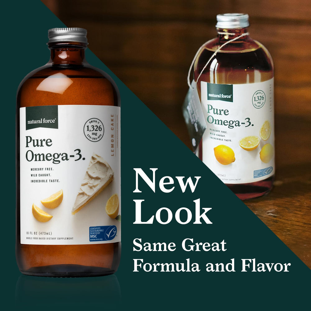 Natural Force Pure Omega-3 label shows MSC sustainability and certifications.