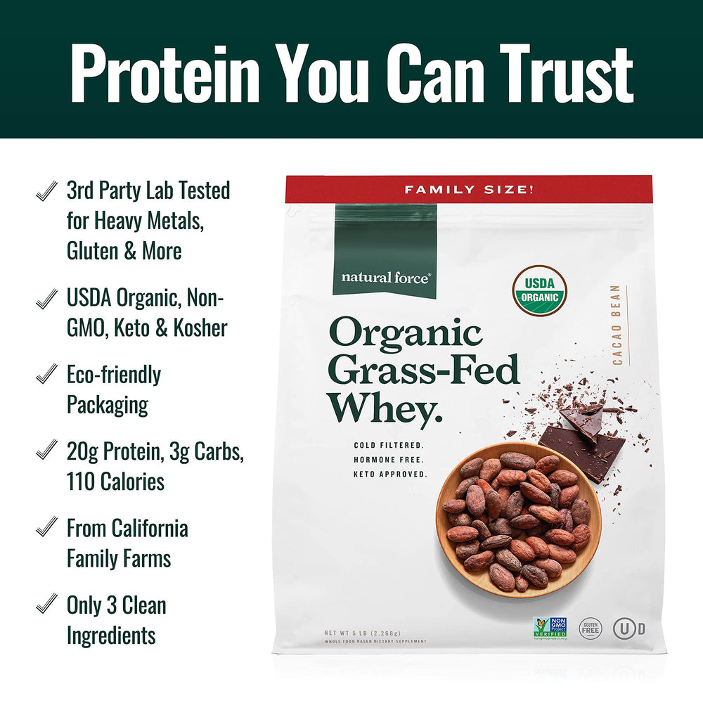 Natural Force whey protein powder chocolate 5 lbs nutrition label shows 20 g protein per serving.