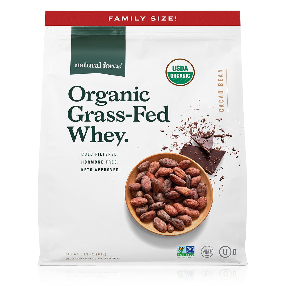 Natural Force whey protein powder chocolate 5 lbs packaging highlights an eco-friendly recyclable pouch.