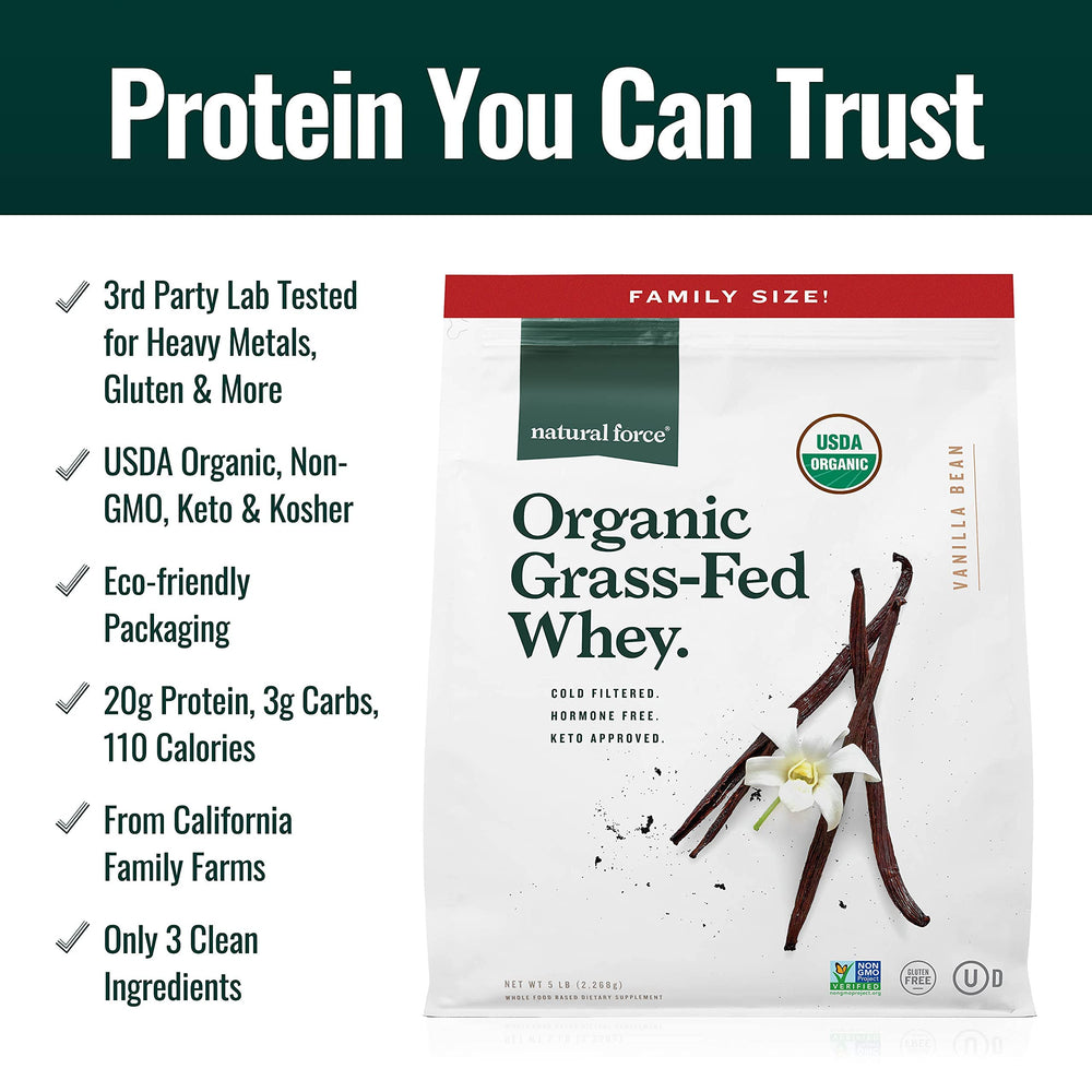 Protein scoop showing 20 g protein per serving and low carb info