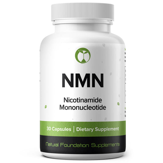 Natural Foundation NMN 500mg bottle cap close-up highlighting purity.