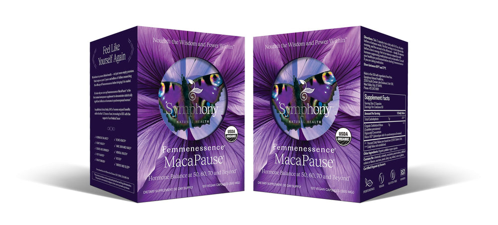 Femmenessence MacaPause bottle front promotes natural balance with vegan organic formula.