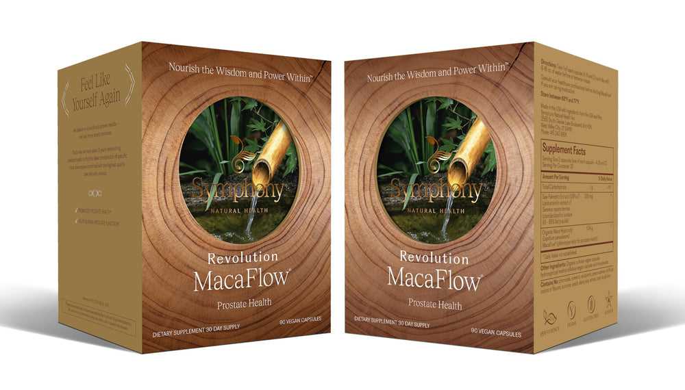 Natural Health International MacaFlow bottle shown for daily prostate support and wellness