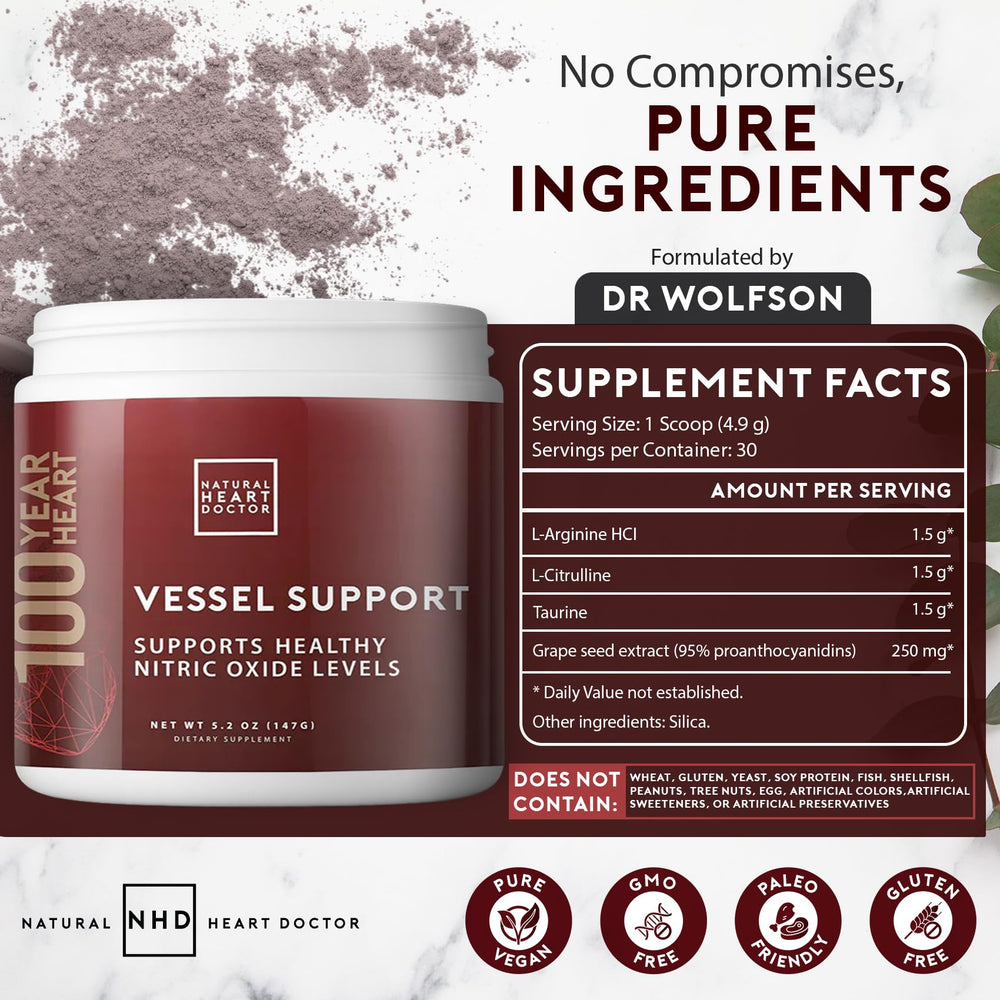 Natural Heart Doctor Vessel Support label closeup highlights clean, pure formula for circulation.