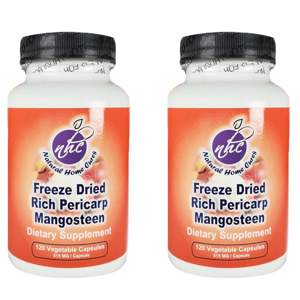 Natural Home Cures Mangosteen Pericarp Capsules bottle promotes daily wellness with xanthone-rich nutrients.