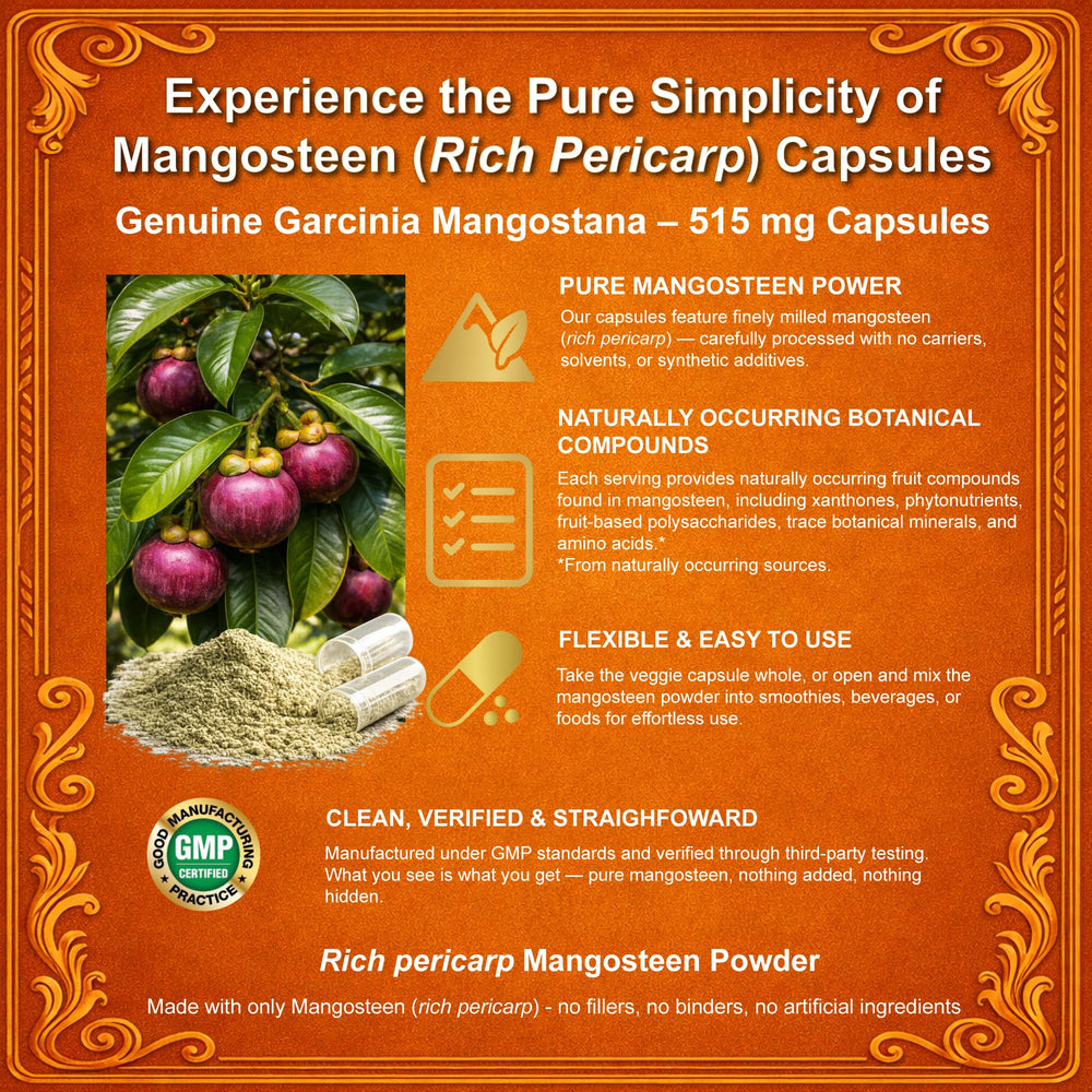 Natural Home Cures Mangosteen Pericarp Capsules closeup shows a smooth veggie capsule for easy swallowing