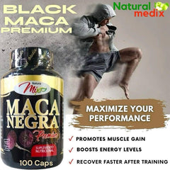 Close-up of Natural Medix Maca Negra capsules highlighting high potency and easy daily use