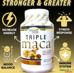 Natural Medix Premium Triple Maca capsules close-up showing clean, plant-based power.