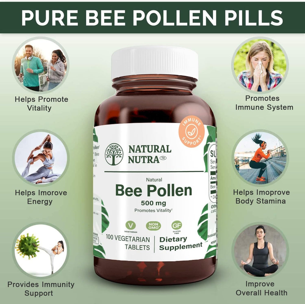 Natural Nutra Bee Pollen tablets with flavonoids and quercetin for antioxidant support.