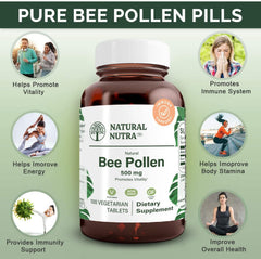 Natural Nutra Bee Pollen tablets with flavonoids and quercetin for antioxidant support.