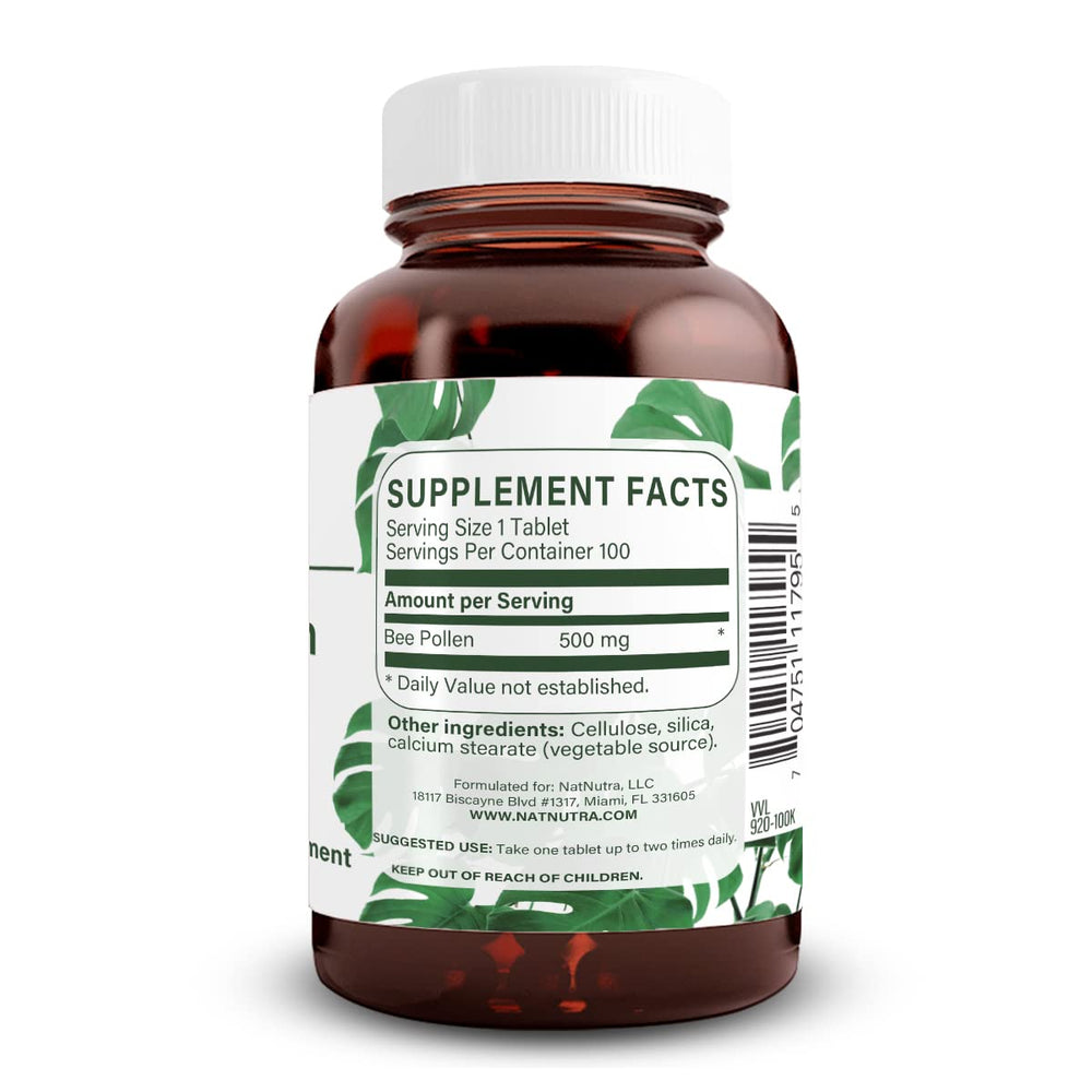 Natural Nutra Bee Pollen tablets close-up showing easy daily energy support.