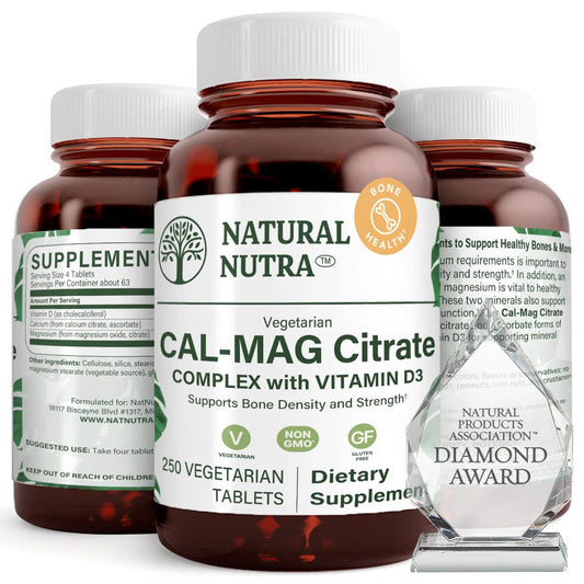 Natural Nutra Cal-Mag Citrate bottle-front with vegan tablets for bone support.