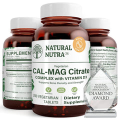 Natural Nutra Cal-Mag Citrate bottle-front with vegan tablets for bone support.