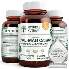 Natural Nutra Cal-Mag Citrate D3 bottle with label showing bone support.
