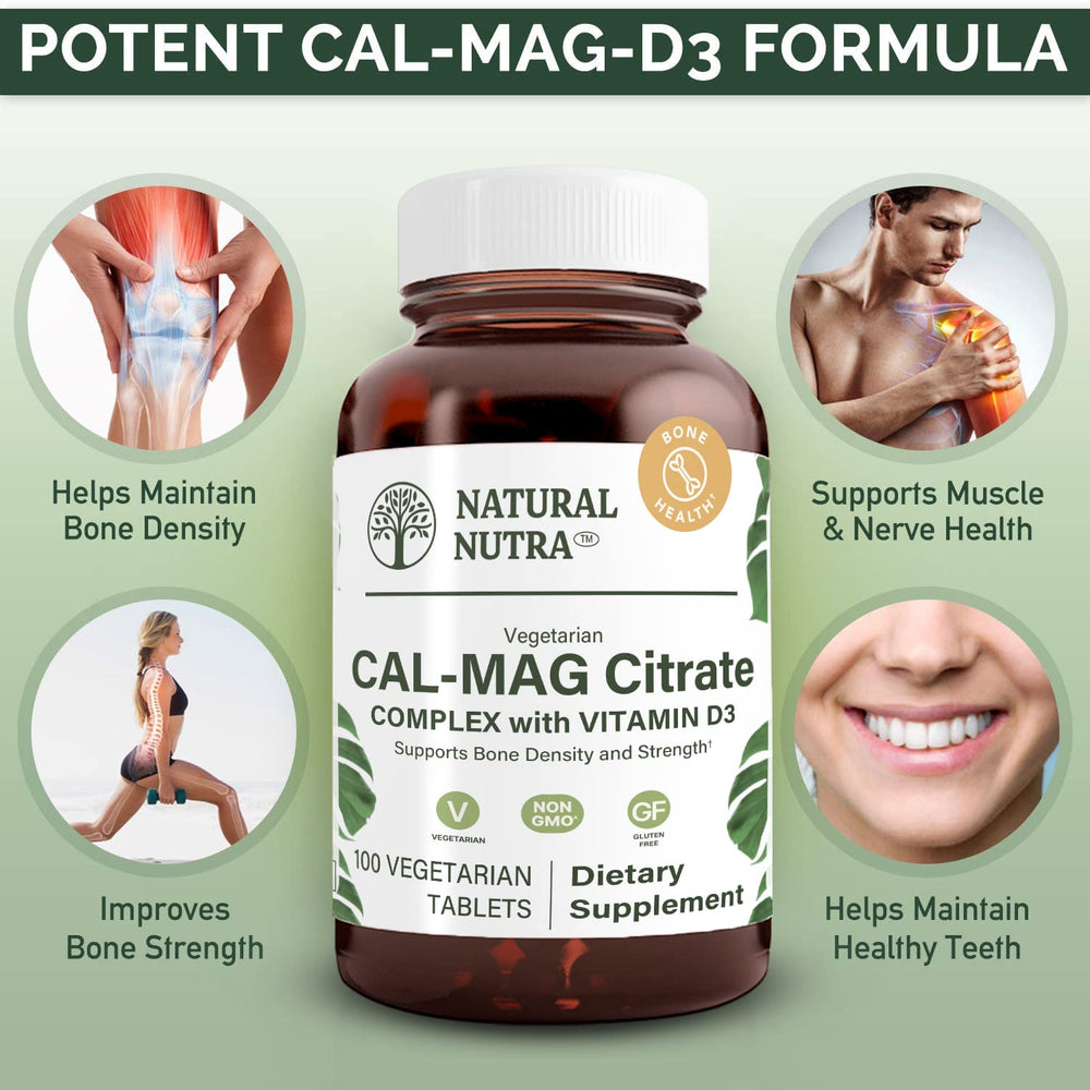 Natural Nutra Cal-Mag Citrate label close-up, vegan and gluten-free.
