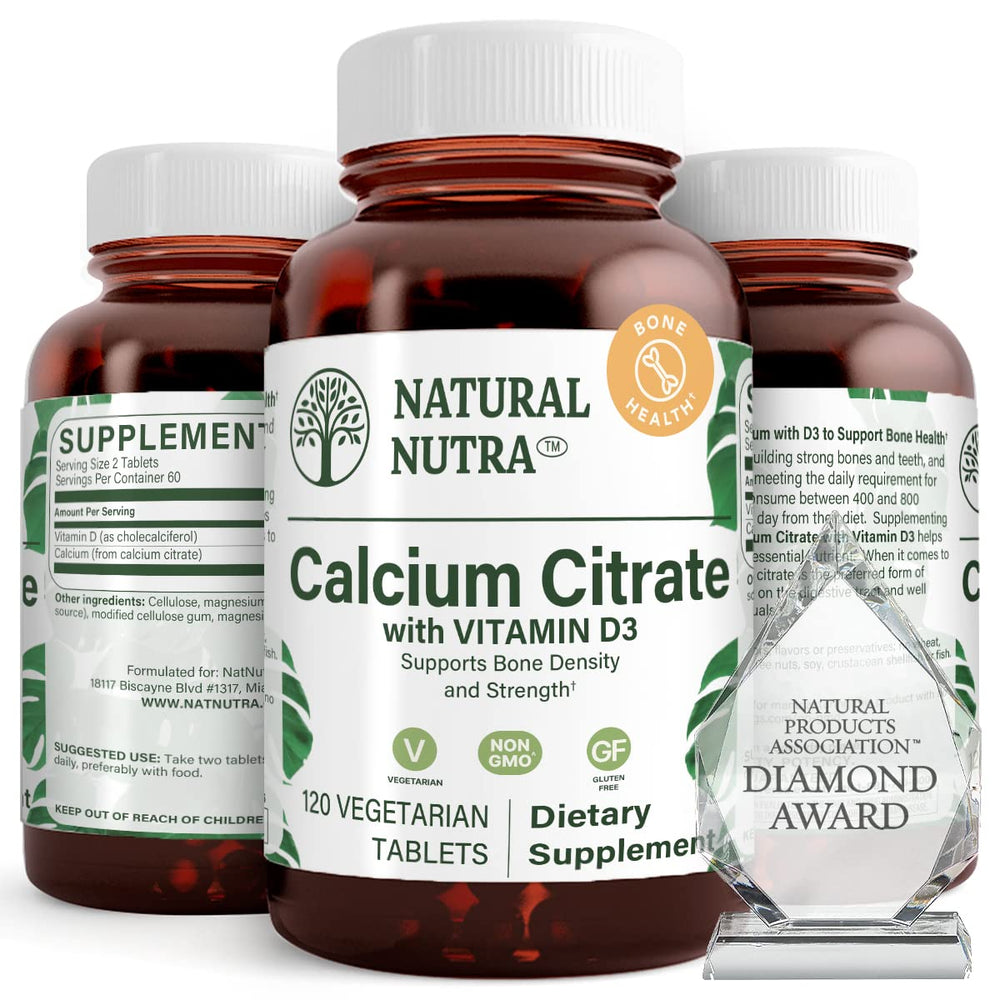 Natural Nutra calcium citrate with vitamin D3 bottle supports bones and teeth.