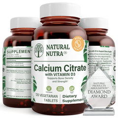 Natural Nutra calcium citrate with vitamin D3 bottle supports bones and teeth.