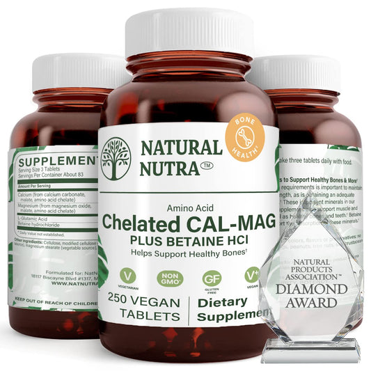 Natural Nutra chelated calcium magnesium bottle for balanced daily mineral support.