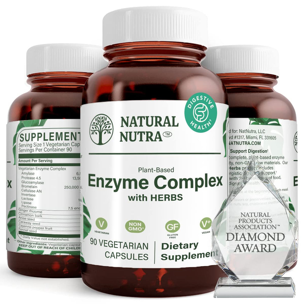 Natural Nutra bottle of plant-based digestive enzymes supports daily comfort and nutrient absorption.