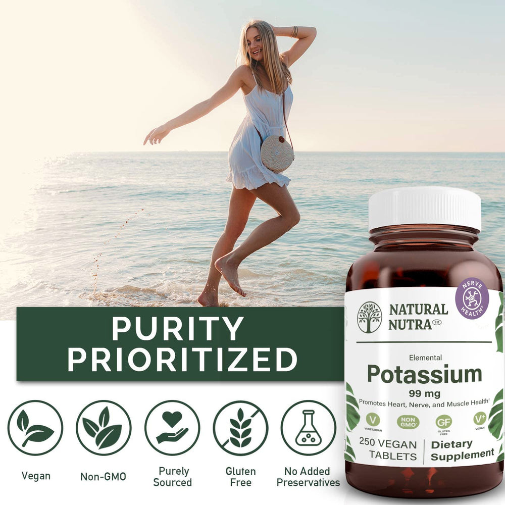 Natural Nutra Elemental Potassium Gluconate amber glass bottle emphasizes purity.