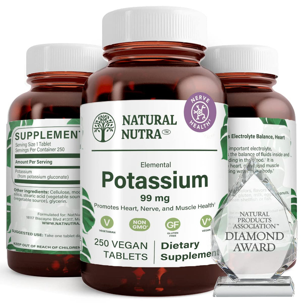Natural Nutra Elemental Potassium Gluconate bottle front with vegan packaging.
