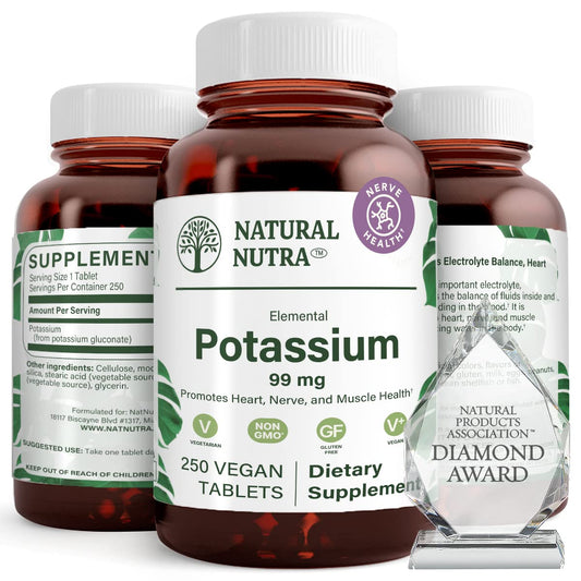 Natural Nutra Elemental Potassium Gluconate bottle front with vegan packaging.