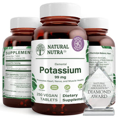 Natural Nutra Elemental Potassium Gluconate bottle front with vegan packaging.