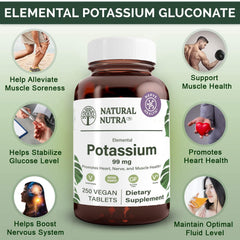 Natural Nutra Elemental Potassium Gluconate tablets close-up for easy-to-swallow design.
