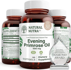 Natural Nutra Evening Primrose Oil bottle highlighting skin clarity and heart support.