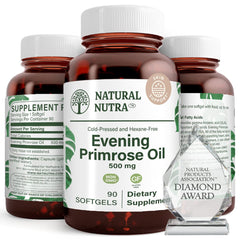 Natural Nutra Evening Primrose Oil softgel close-up for skin clarity possibilities.