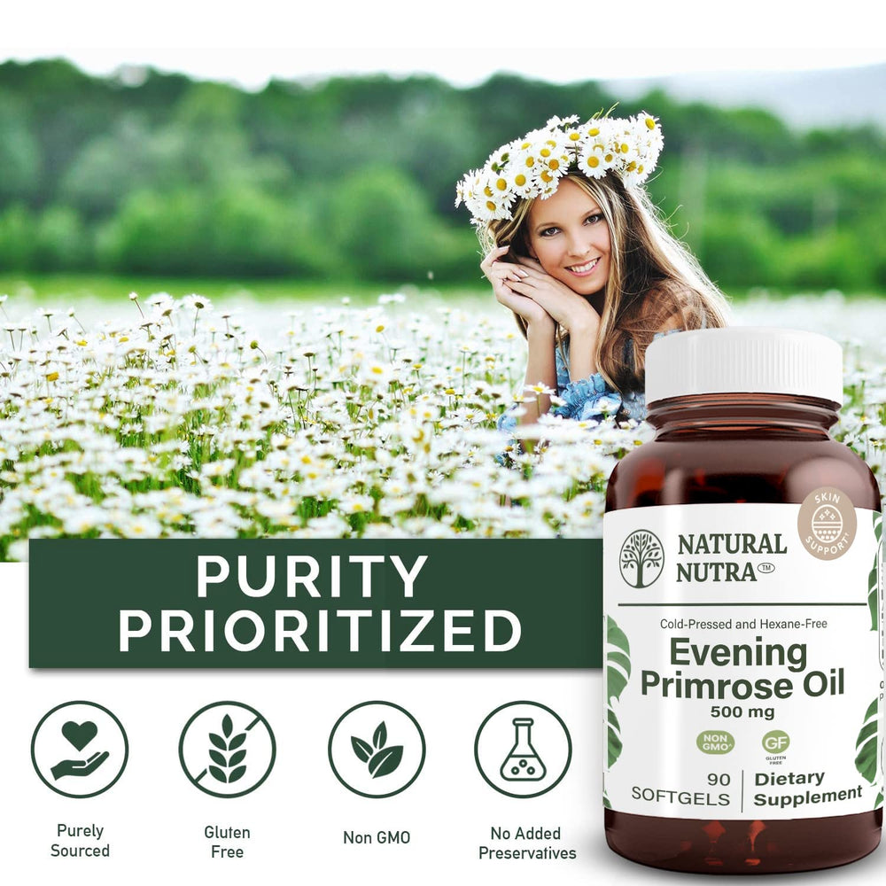 Natural Nutra Evening Primrose Oil softgel count on display.