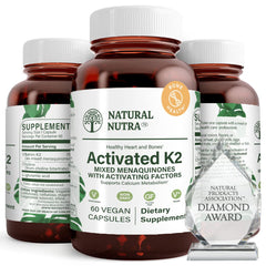 Natural Nutra Full Spectrum K2 bottle on shelf highlighting bone support potential.
