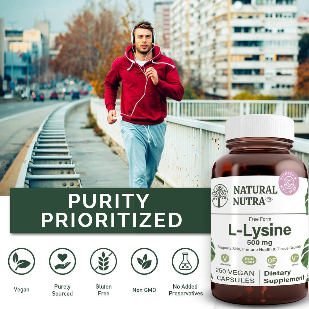 Natural Nutra L Lysine HCl amber glass bottle emphasizes sustainable packaging.