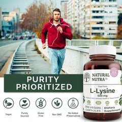 Natural Nutra L Lysine HCl amber glass bottle emphasizes sustainable packaging.