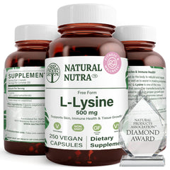 Natural Nutra L Lysine HCl bottle on a clean surface supports bone health.
