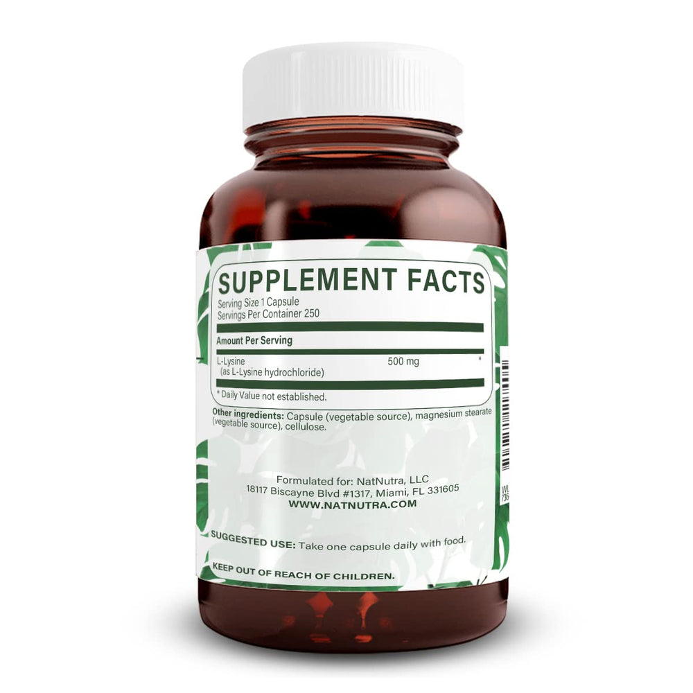 Natural Nutra L Lysine HCl capsules show vegan non-GMO formulation for daily skin support.