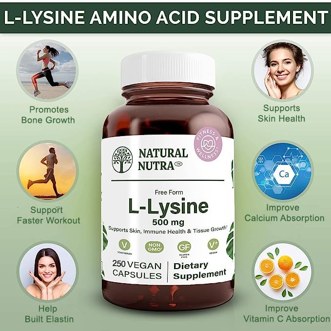 Natural Nutra L Lysine HCl bottle label states 500 mg per capsule aiding calcium absorption.