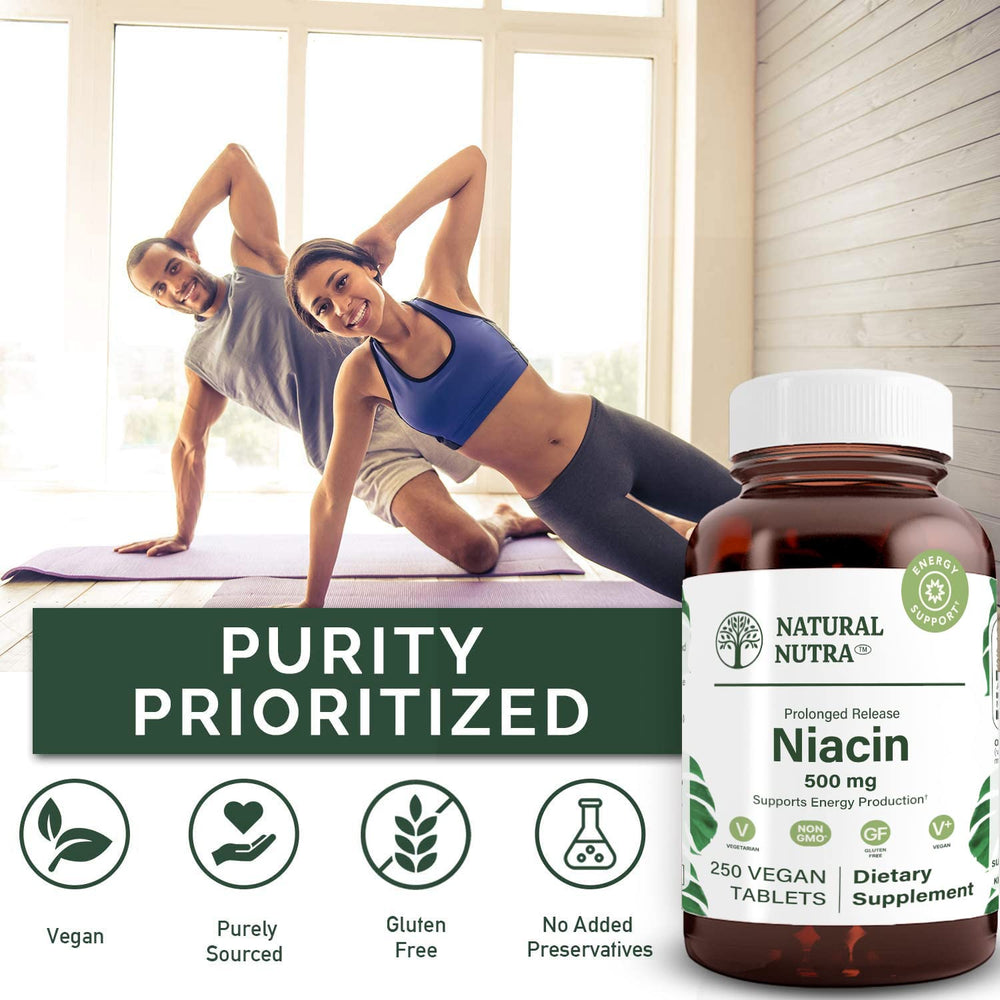 Natural Nutra Niacin label close-up showing 500mg dosage and vegan, gluten-free attributes.