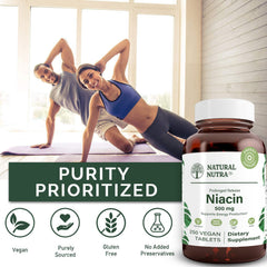 Natural Nutra Niacin label close-up showing 500mg dosage and vegan, gluten-free attributes.