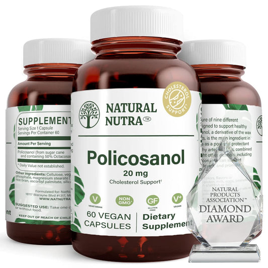 Natural Nutra Policosanol 20mg octacosanol bottle for daily circulation support.